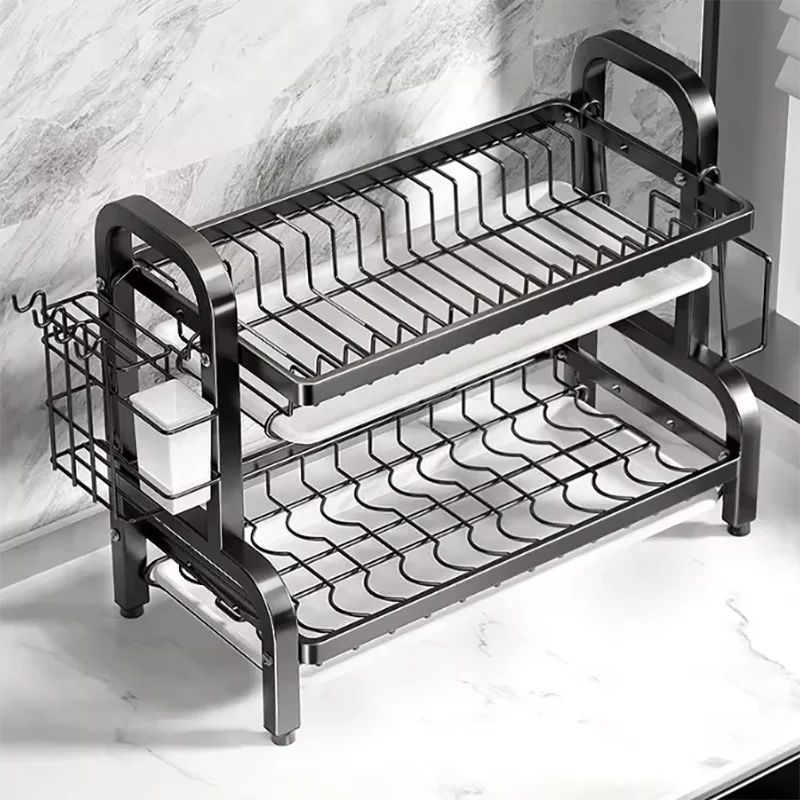 2024 New Dish Drying Rack 2-Tier Compact Kitchen Dish Rack Drainboard Set Large Rust-Proof Dish Drainer with Utensil Holder