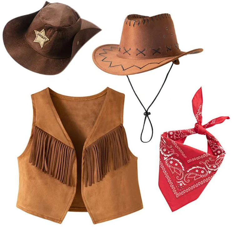 

Children Western Cowboy Role Playing Costumes Vest Scarf Hat Boy Festival Halloween Party Boys 3pcs Outfit Cowgirl Accessory