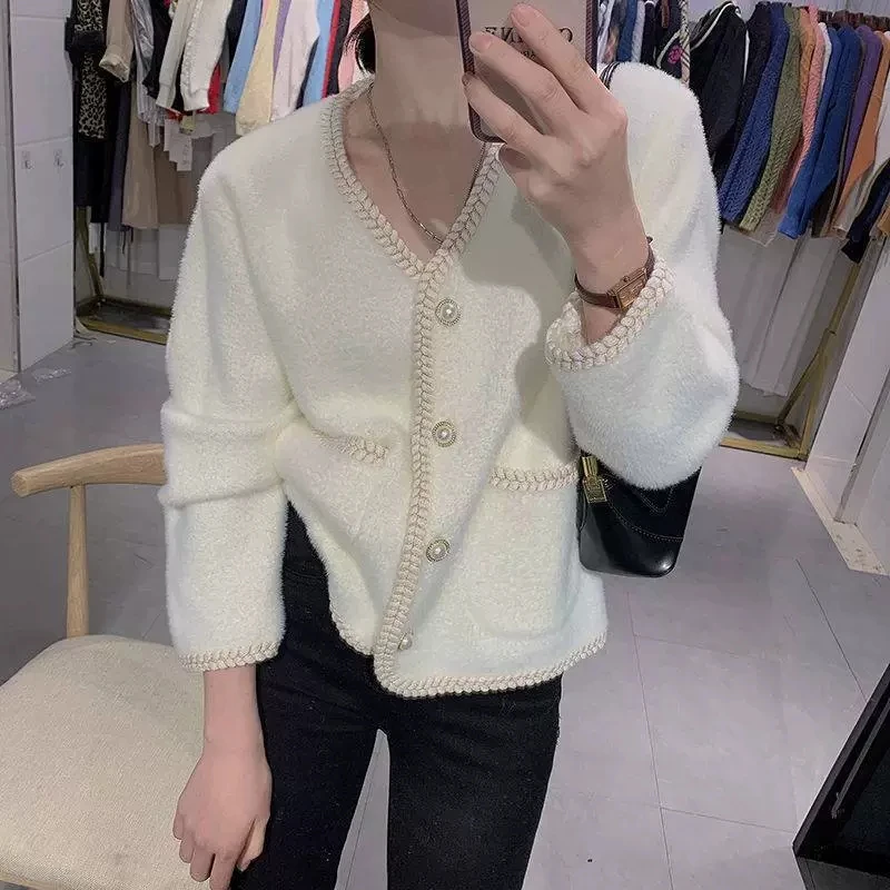 Temperament Faux Mink Cardigan Women Elegant Pearls Button Up Coats Woman 2025 Spring Autumn Fashion V-Neck Cardigan Female