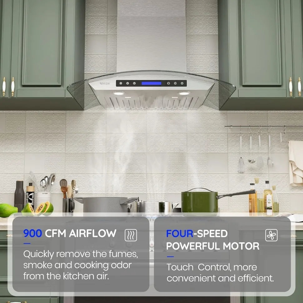 30 Inch Range Hood, Wall Mounted Stainless Steel & Curved Glass 900 CFM / 4 Speeds Touch Control with Remote & LCD Display