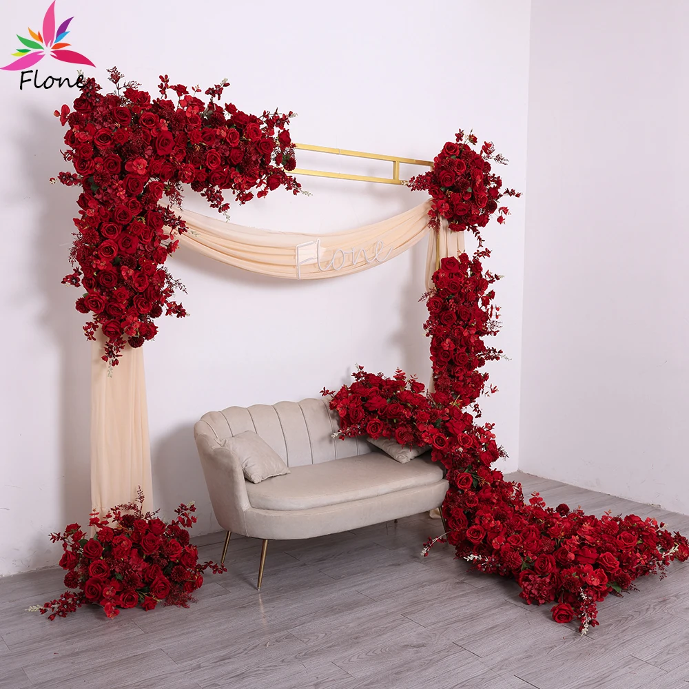Triangle Dark Red Artificial Flowers Arrangement Wedding Event Decoration High-end Velvet Rose Florals Backdrop DIY Decor FL2227