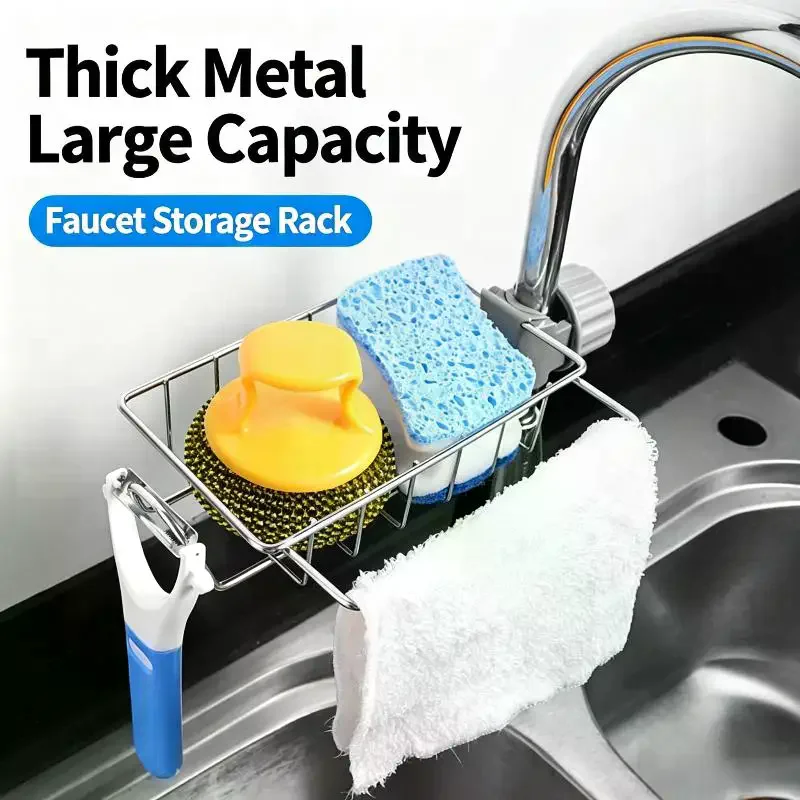 Stainless Steel Faucet Caddy Rust Proof Easy Installation Ideal Kitchen Sink Sponge Scrubber Organizer