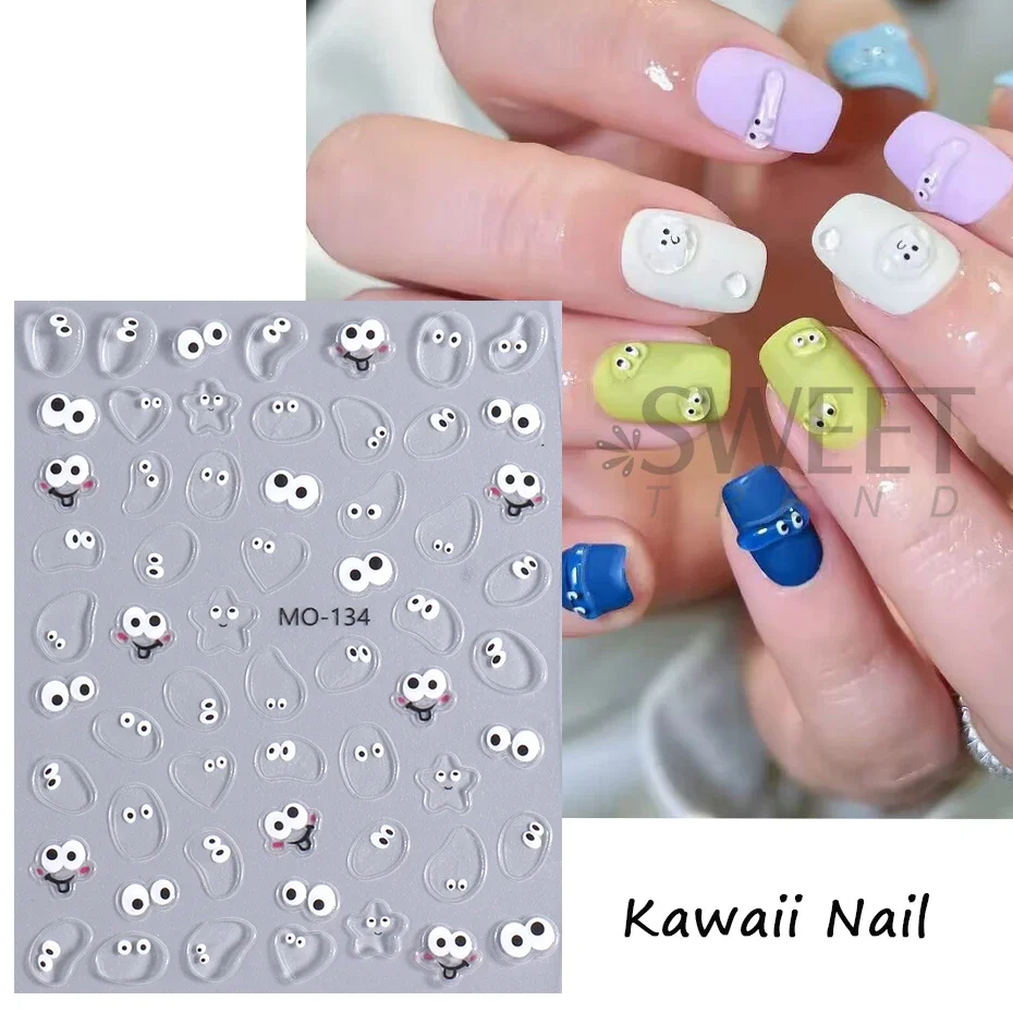 5D Kawaii Embossed Nail Sticker Melting Monster Jelly Bean Cute Eye Expression Engraved Cartoon Decal Slider DIY Nail Decoration