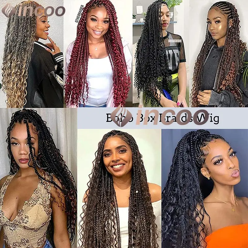 Boho Braided Wig Bohemian Box Braids Wig Synthetic Full Lace Wigs Goddess Braids Curly End Knotless Box Braiding Wig for Women