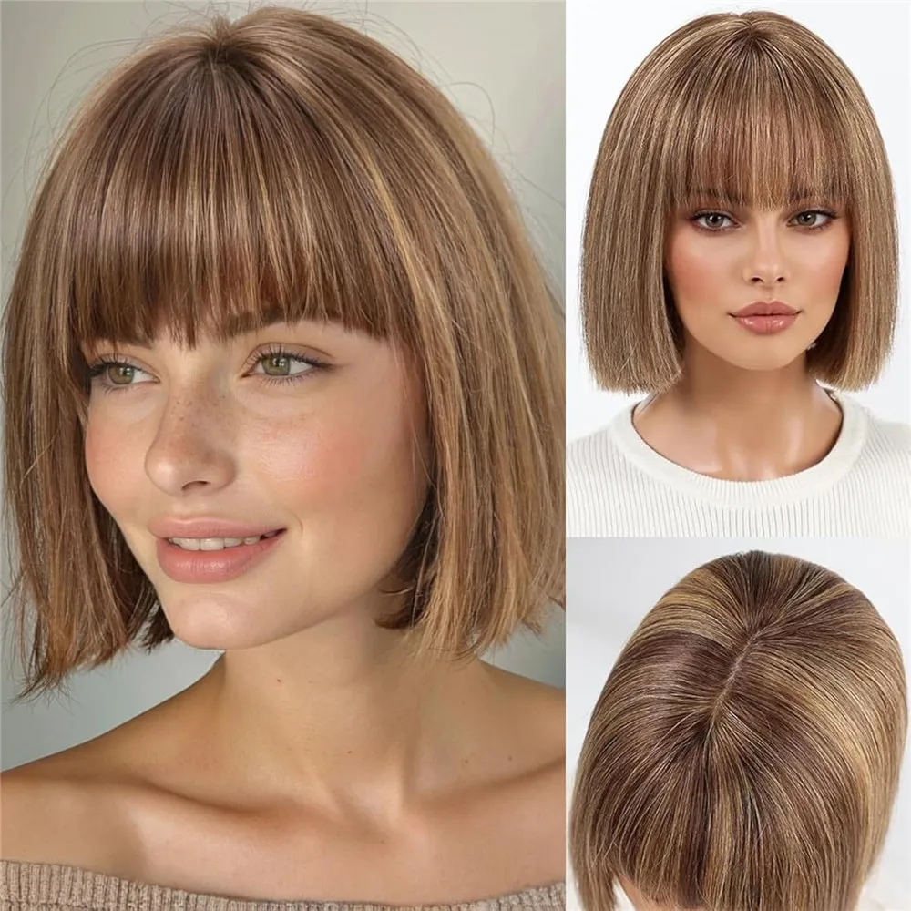 100% Natural Human Hair Wig with Bangs for Women Short Bob Remy Hair Wigs Brown Highlight Human Hair Wig Daily Use