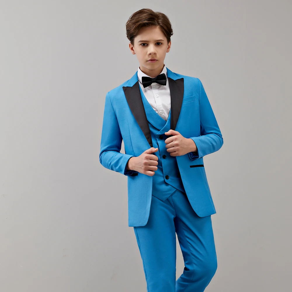 Boys Formal Suit Wedding Campus Student Tuxedo Dress Gentleman Kids Jacket Vest Pants 3Pcs Ceremony Costume  Blue