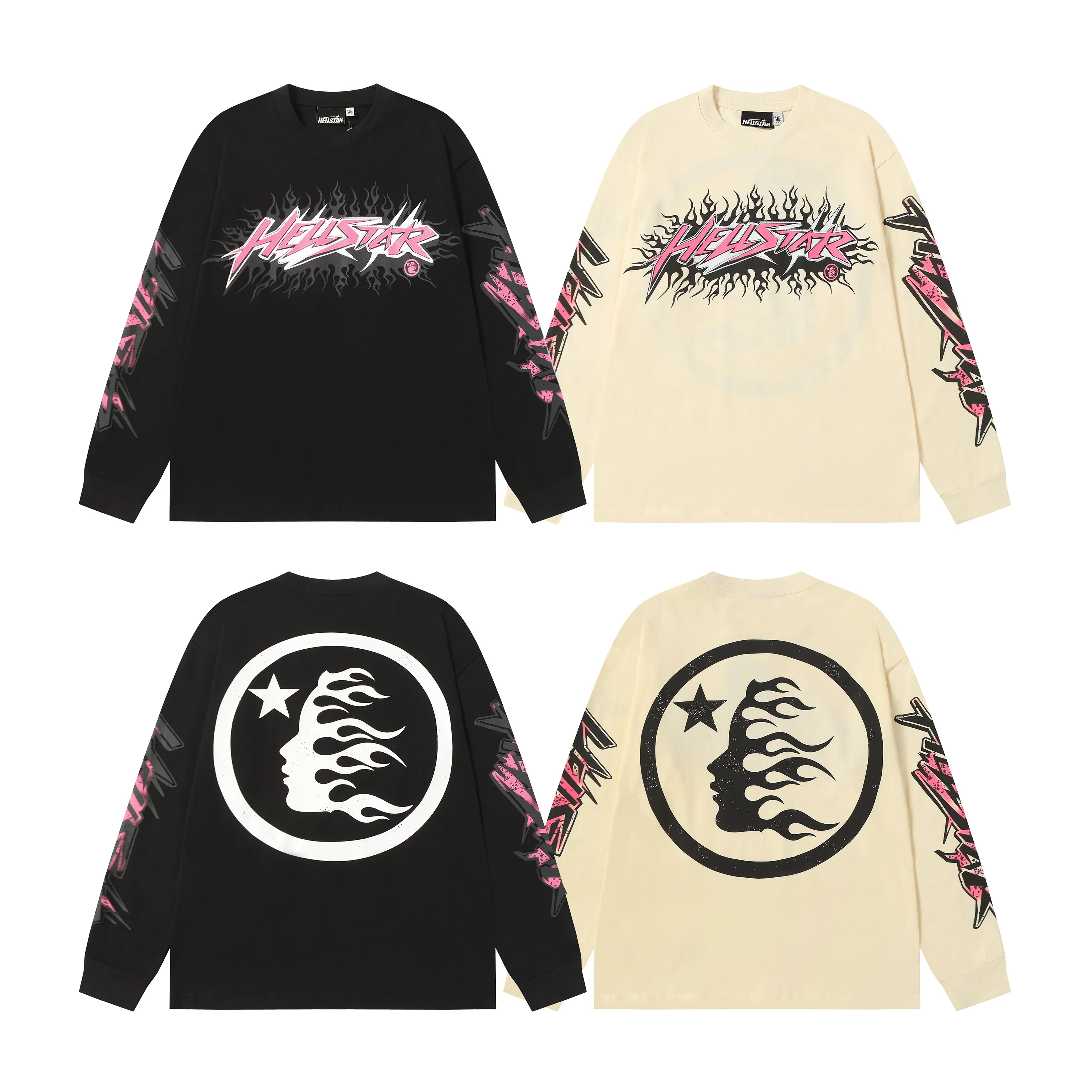 

Модная хлопковая футболка оверсайз с длинным рукавом и принтом Hell Star Flame Letter, в стиле High Street, с круглым вырезом, для ношения как базовый слой