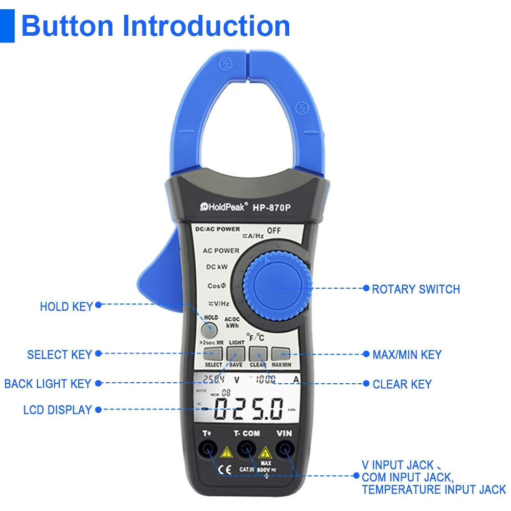 HoldPeak HP-870P Power Clamp Meter AC/DC Voltmeter 999.9A Ammeter Tester Electronic Multimeter Active Energy Diagnostic-Tool