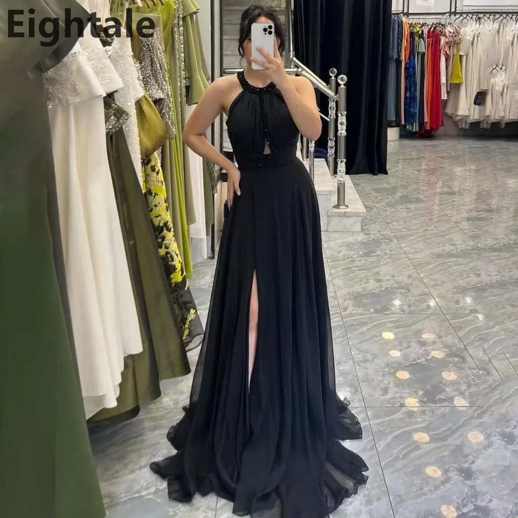 

Eightale 2025 Black A Line Chiffon Maxi Evening Dress Halter Neck Saudi Arabic Prom Dress Dubai Party Gown Customized
