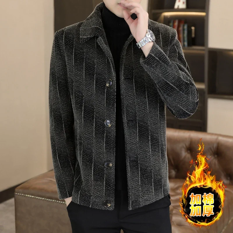 

High-end Fashion Everything Trend Handsome Slim Men's Woolen Coat Short Lapel Jacket Woolen Coat Top Cotton Thick （Winter)