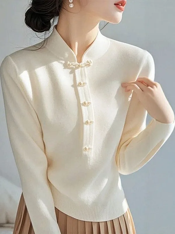 

Ele Chinese Sle Knitted Sweater Stand Collar Button up Base Layer irt Autumn Winter Thiened Camere Viscose Blend
