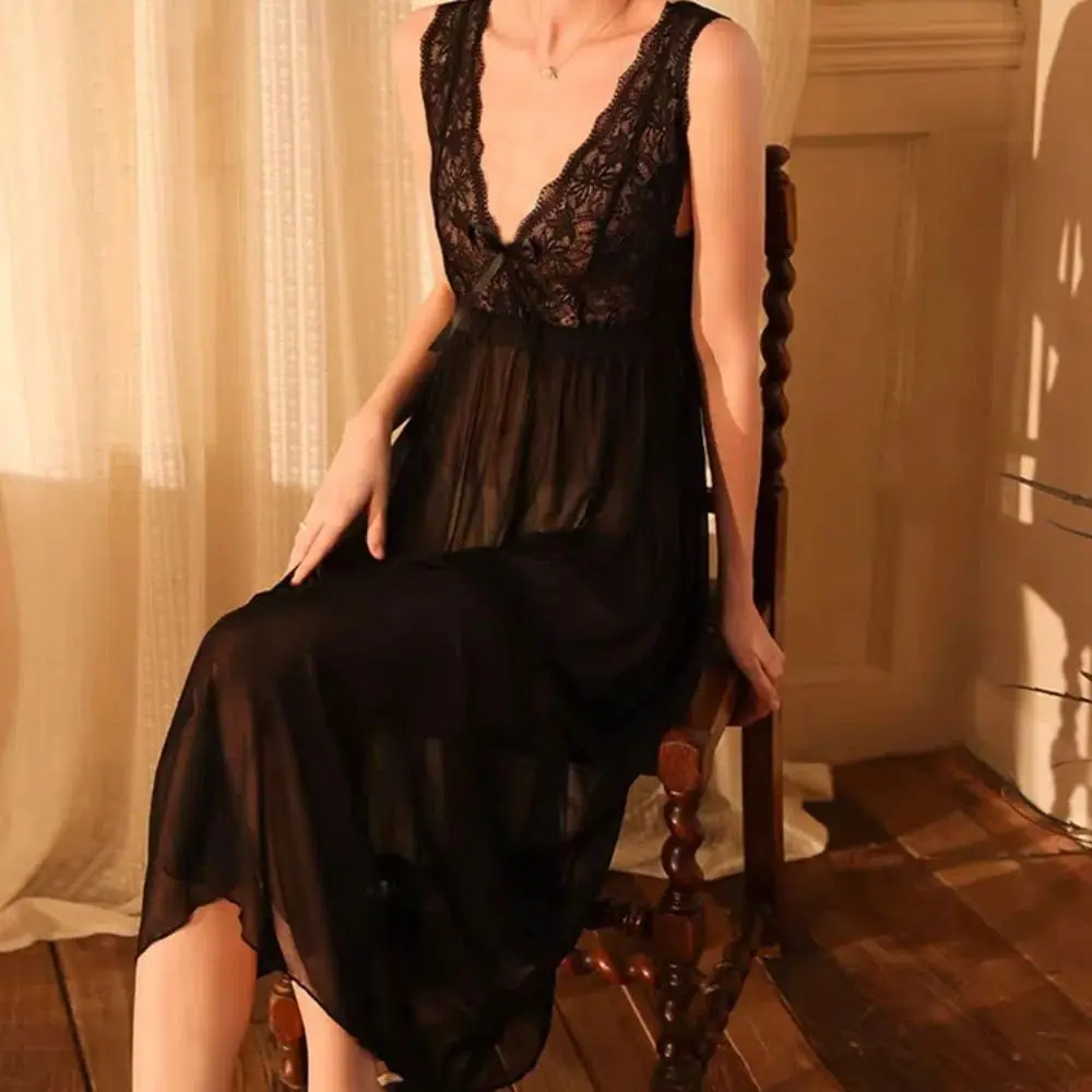 

Fashion Lace Mesh Flower Nightgown Women Lingerie Sweet Bowknot Nightwear Sleeveless V-neck Nightdress Home