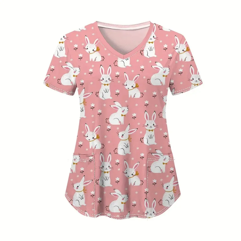 Uniformes médicos para mujer, uniforme clínico de manga corta con cuello en V microelástico con estampado de conejito de Pascua, moda para enfermera Dental