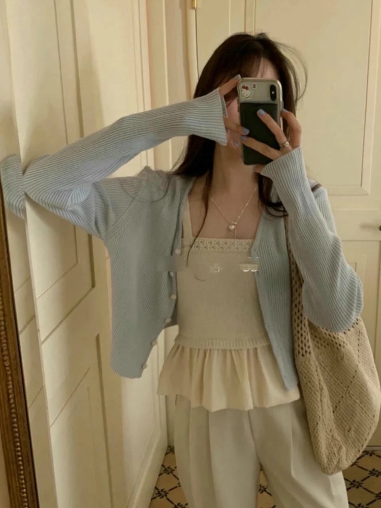 秋の東大門 V ネックニットカーディガン女性の優しいスレオルトフィットスリムアウターウェアトップカジュアルスレロングスベコットン