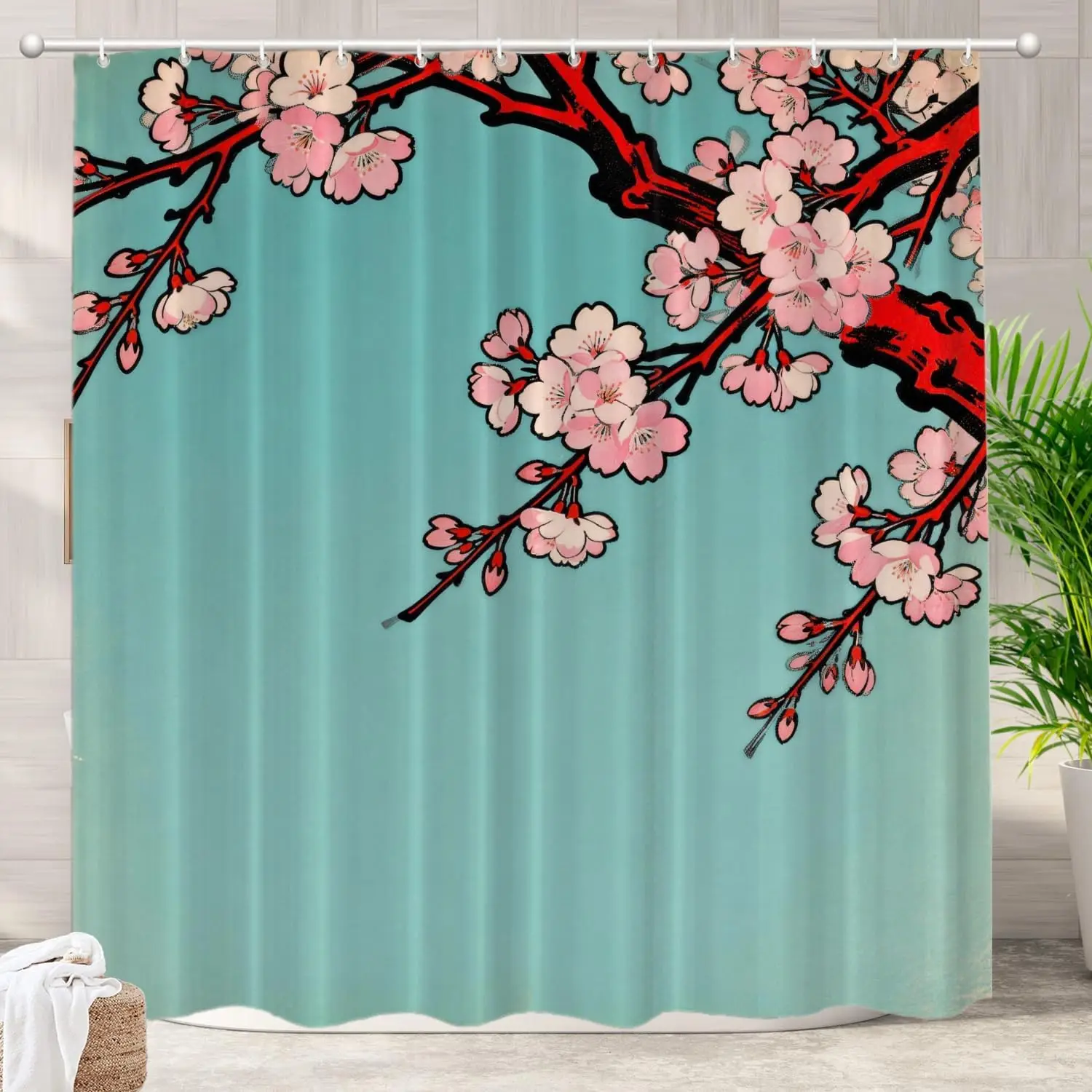 

Pink Cherry Blossom Branch on Teal Background Waterproof Shower Curtain 180x200cm - Japanese Style Art Print Bath Home Decor