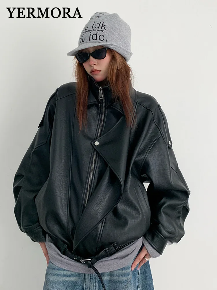 

YERMORA черная асимметричная повседневная куртка из искусственной кожи для женщин с воротником-стойкой и длинным рукавом, свободное новое пальто, модное пальто, весна-осень