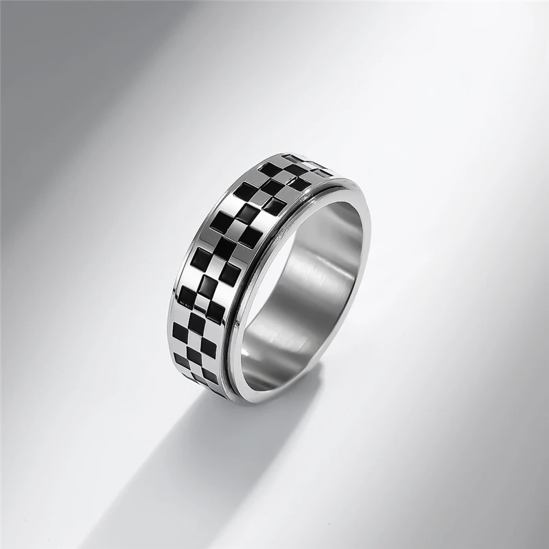 Match Flag Go Black White Square Checkered Rotatable High Quelity Fine Stainless Steel Male Female Ring Polished JZ608