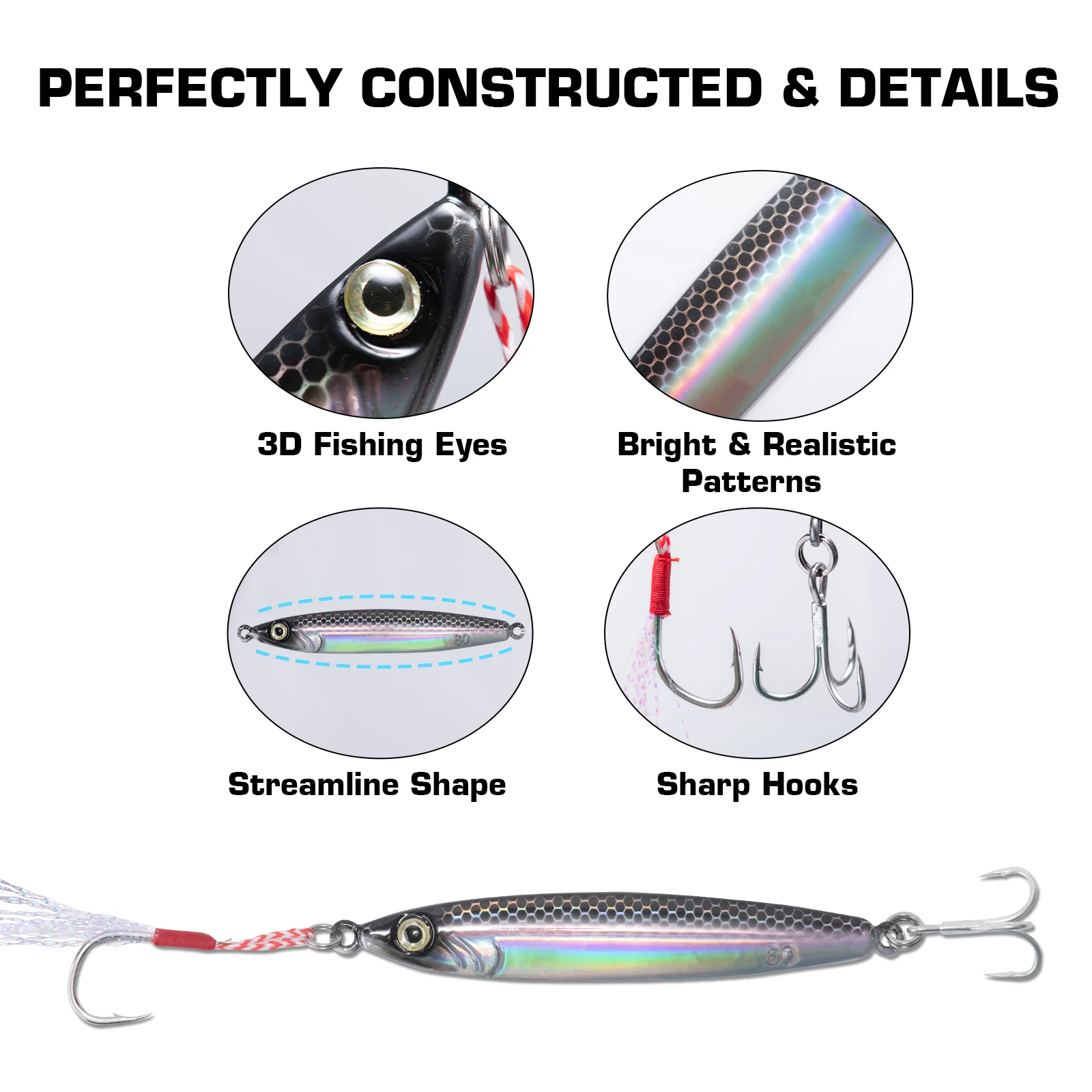 Goture 60g 80g Tungsten Fishing Lure with 3D Fishing Eyes Sharp Hooks Artificial Bait Fast Sinking Jigging Lures Fishing Tackle