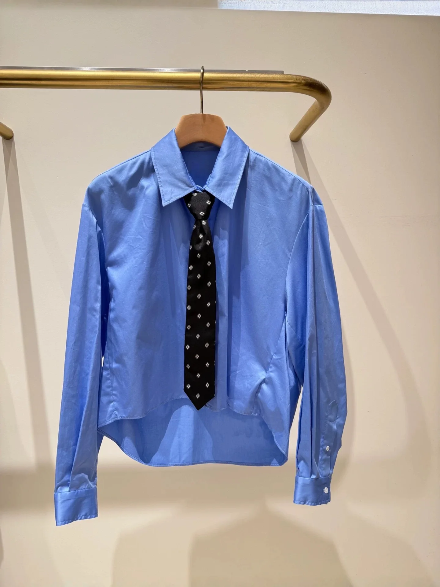 

Retro Blue Long Sleeve Print Color Block Tie Shirt Short Style Cotton Pure Color Girls Shirt British Style Commute Wind Loose...