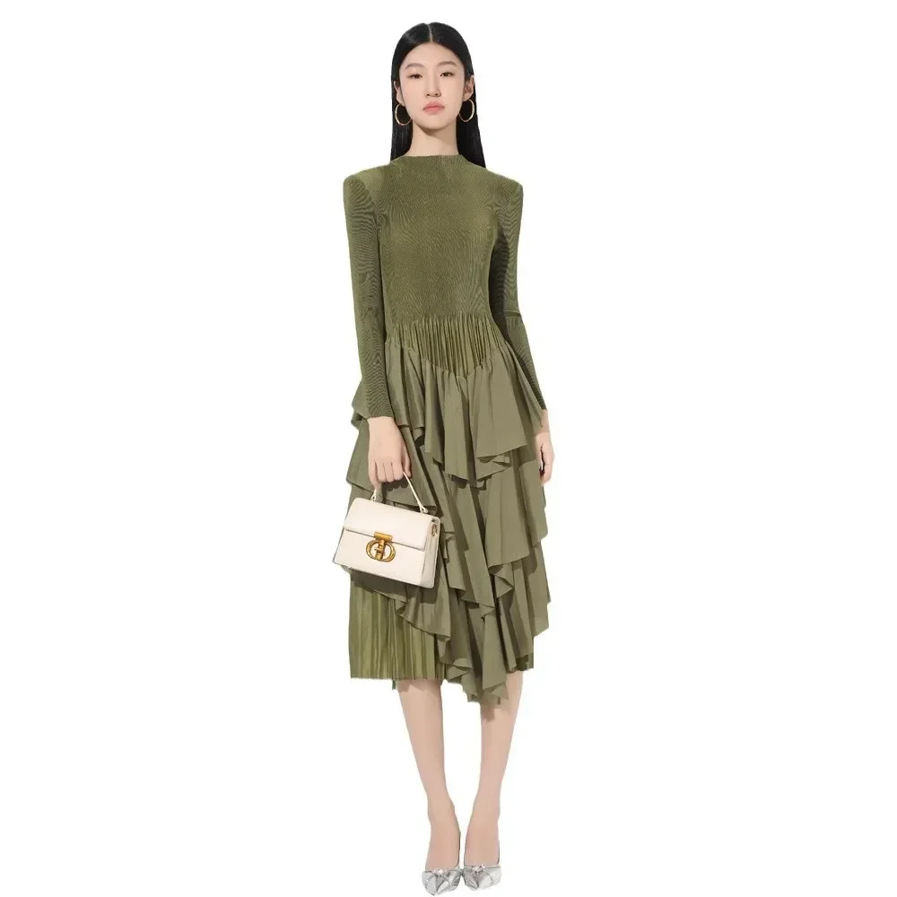 Miyake Pleated Women's Dress Folds Fashion Designer Loose Long Sleeve Female Elegant Pleated Dresses 2024 Autumn New Cake Skirt