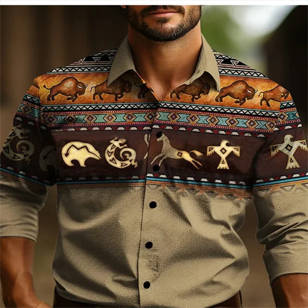 Hot selling men\'s retro Western style printed shirt for outdoor play, comfortable and soft fabric, creative cardigan shirt