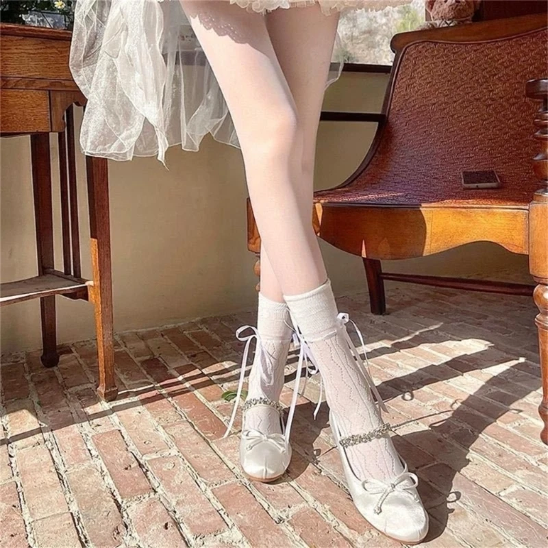 

Summer Casual Ballet Sock Sweet Solid Color Bandage Cotton Bows Tie Hollows Stocking for Women Girl Summer