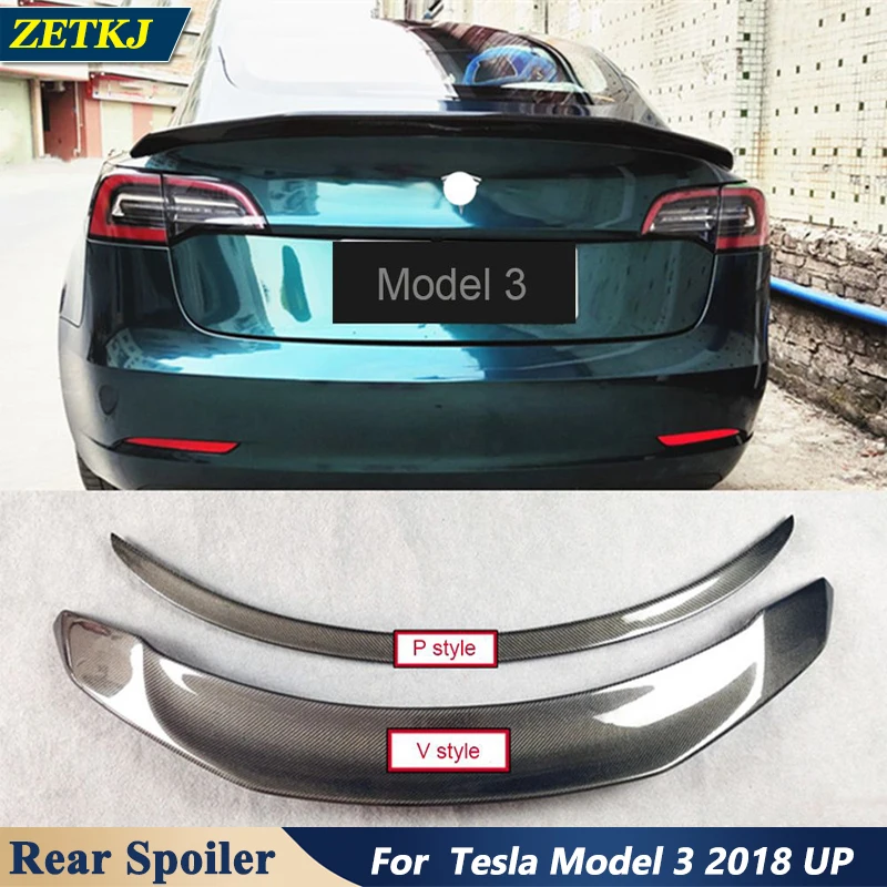 V P-style Carbon Fiber Car Rear Spoiler Back Trunk Fixed Wind Wing Tail Styling For Tesla Model 3 2018+ Tuning