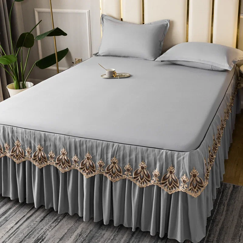 3pcs Set Raw Cotton Bed Romance Dust Protector Cover  Soft Bedspread Embroidery Lace Edge Bed Skirt with 2pcs Pillowcase