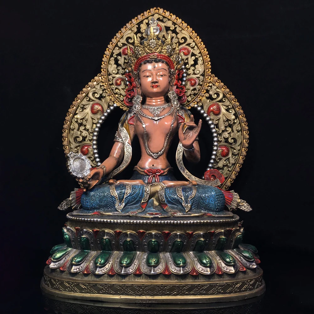 Old Copper Antique Painted Green Tara Statue with Halo Serene Face Fine Craftsmanship