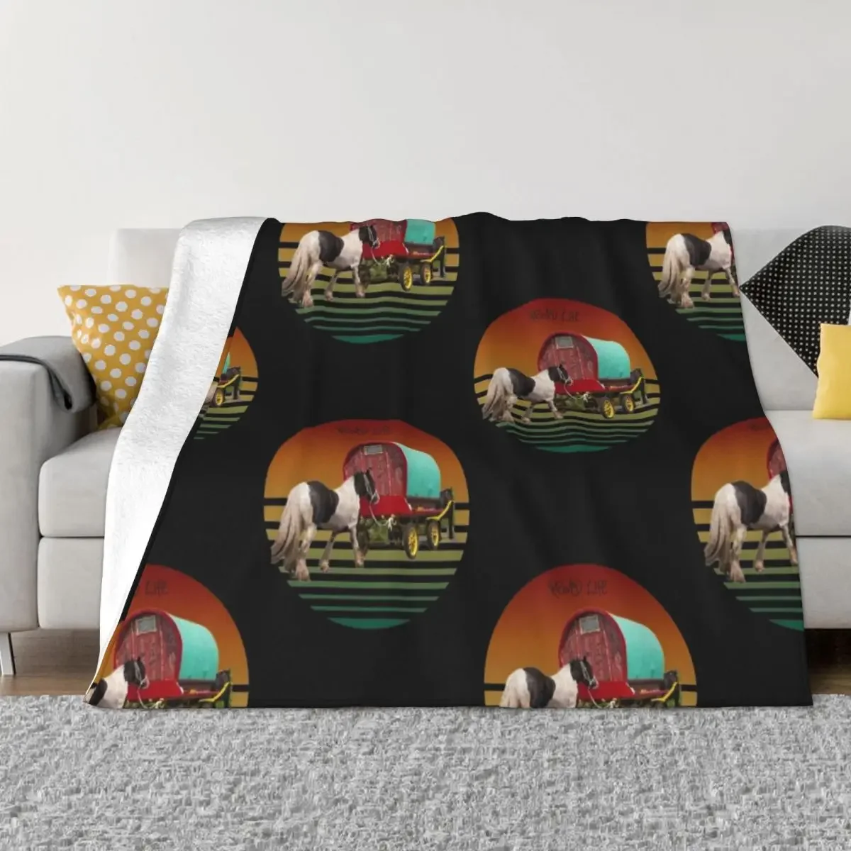 Road life sunset ,Gypsy family with horse drawn wagon Throw Blanket Hairy warm for winter Summer Flannels Blankets