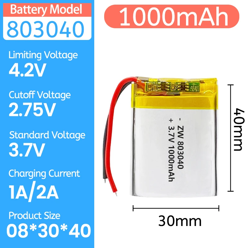 

803040 Lipo 1000mAh 3.7V 083040 Lithium Battery Li Polymer Batteries for Flashlight Remote Controller Handheld Fans