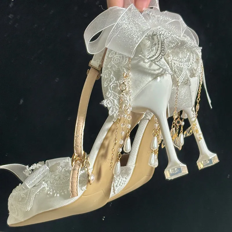 

Japanese Original Flower Wedding Elegant White Satin Lolita Lace Bow High Heels Women's Fish Tail Pure White Wedding Sandals