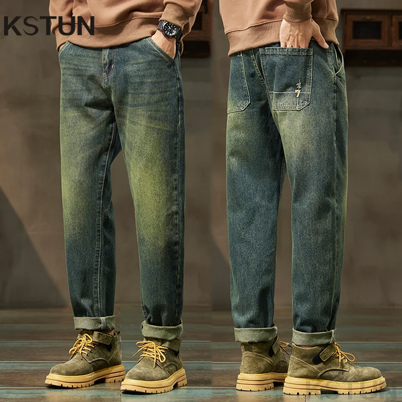 KSTUN 2024 Men's Jeans Retro Blue Men Harem Pants Loose Fit Vintage Mens Designer Clothing Denim Trousers Tapered Cowboys Homme