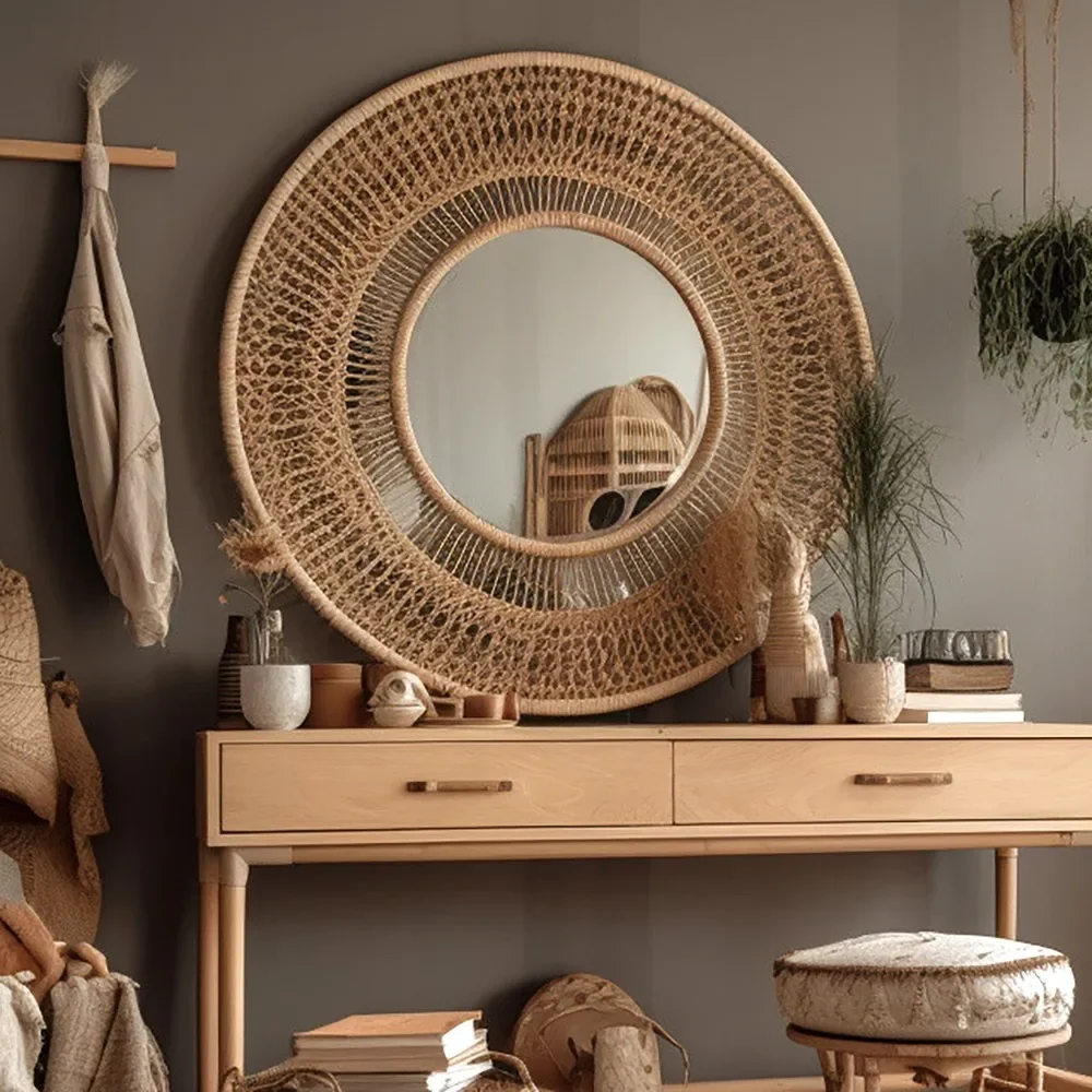 Living room corridor retro imitation old custom wooden bamboo art entrance wall mirror