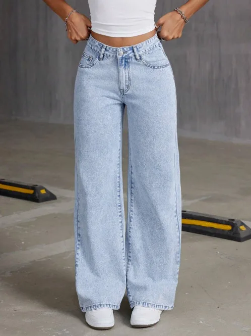 

Loose Straight Leg Wide Leg Jeans Casual Style Natural Waist Folded Fabric Standard Edition Slight Elasticity Pure Color Wome...