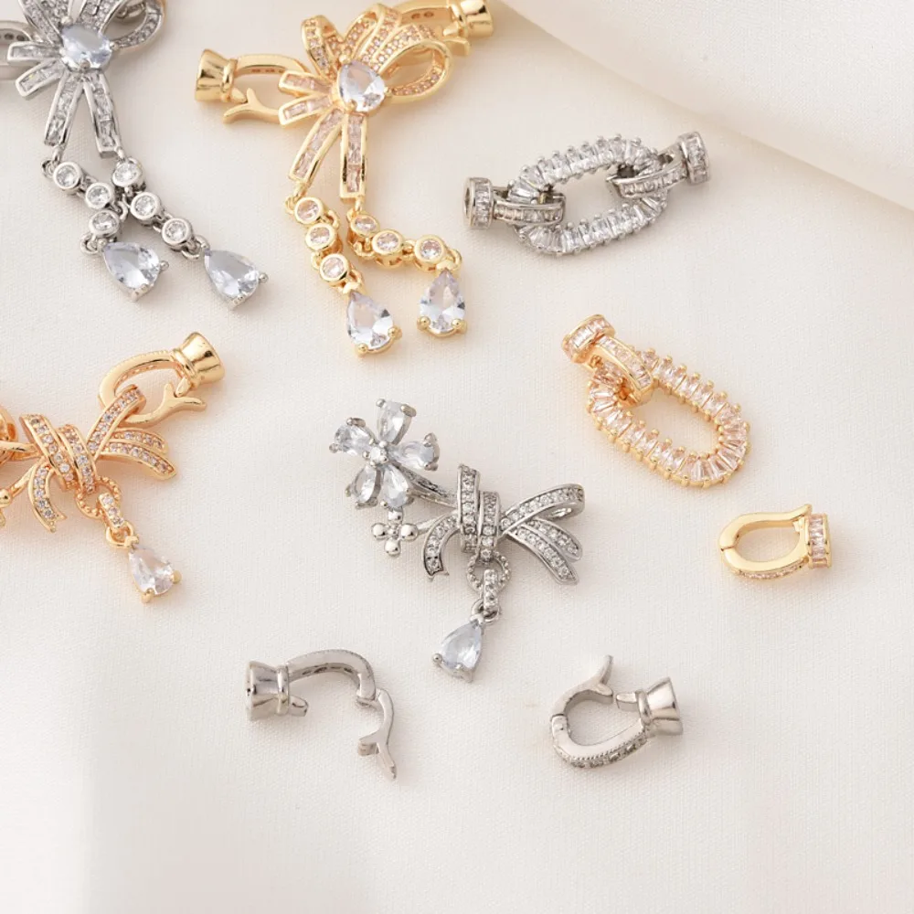 

14K Gold-plated Zirconium-inlaid Bow Pearl Buckle Handmade Diy Necklace Sweater Chain End Connecting Buckle Mother child Buckle