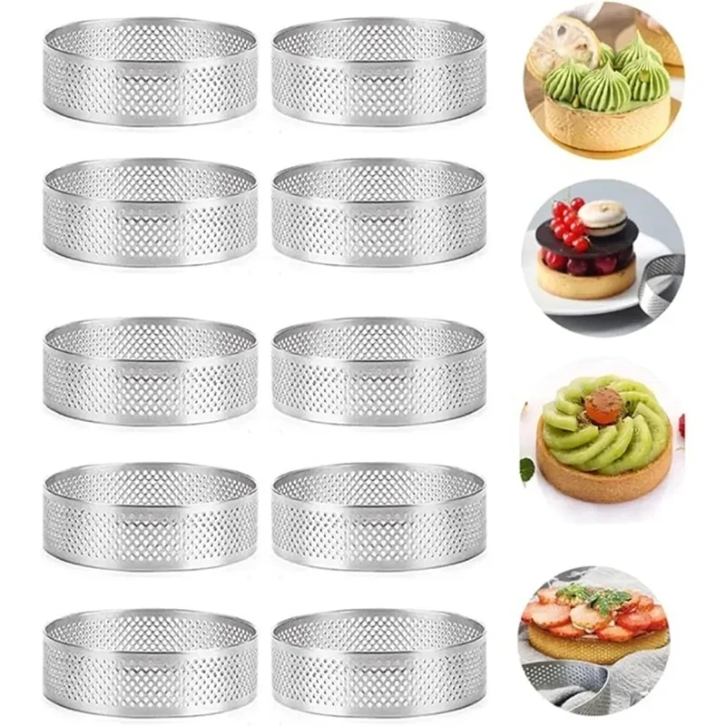 5PCS Round Stainless Steel Tart Rings Heat-Resistant Perforated Molds DIY Mousse Doughnut Mold Kitchen Tools Outdoor Tableware
