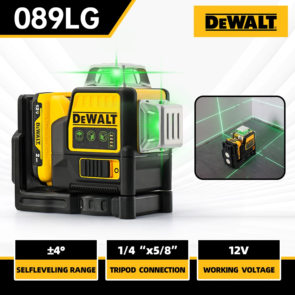 DEWALT DW089LG Laser Level  12 Line 3 x 360 Green Beam 12V Li-Ion Battery Lasers Outdoor Vertical Horizontal Green Light Level