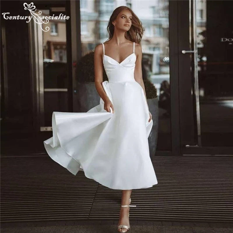 Simple Short Wedding Dresses for Women Bride 2025 with Pockets Spaghetti Straps Ankle Length Satin Bridal Gowns Customized