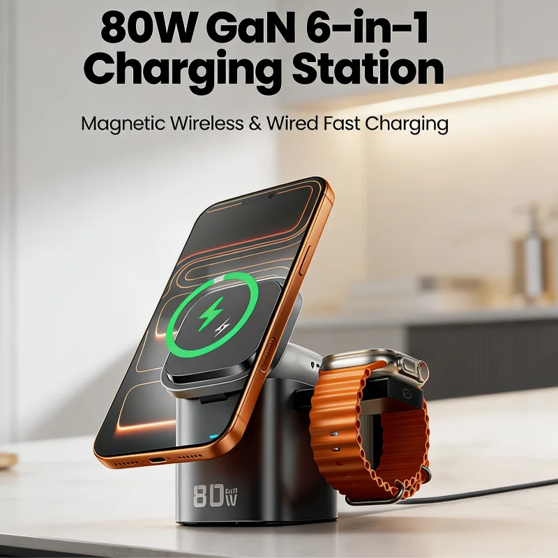 80W GaN 6 In 1 Magnetic Wireless Charging Station Multifunction Fast Charging Charger For iPhone 17 16 Pro Airpods Charging Cube