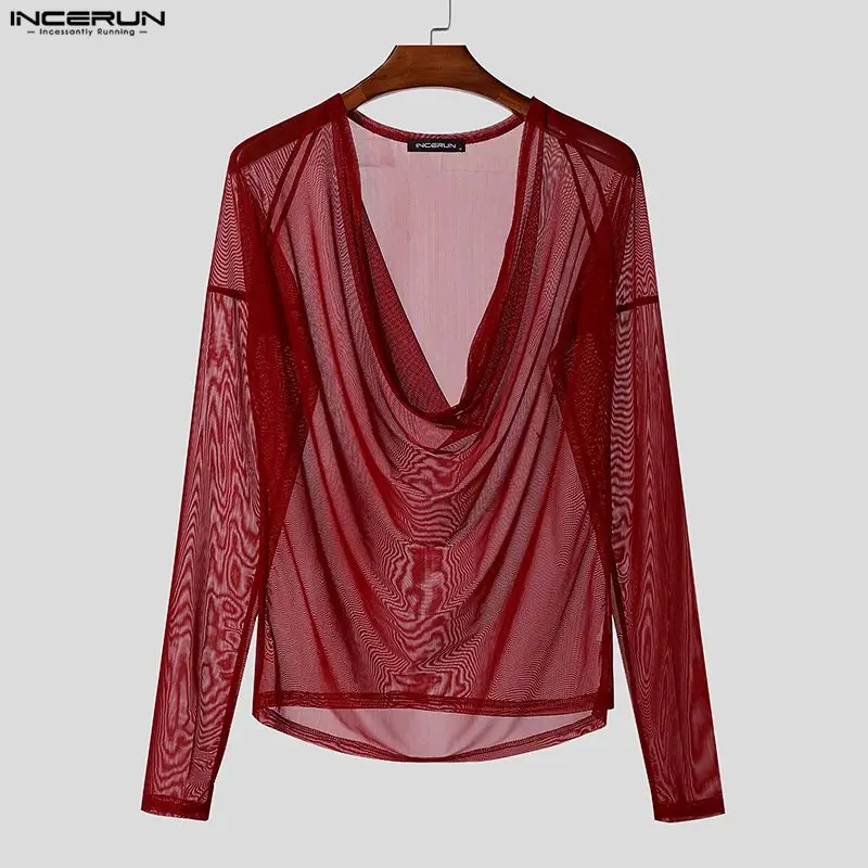 Men T Shirt Mesh See Through Sexy Long Sleeve Casual Male Tee Tops Party Nightclub INCERUN Streetwear Fashion Men Clothing S-5XL