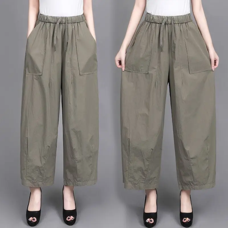 Calças de Cintura Alta com Pernas Largas para Mulheres, Soltas, Elegantes, Casuais, Elásticas, Versáteis, Calças de Nove Pontos, Nova Chegada de Outono, 100% Algodão