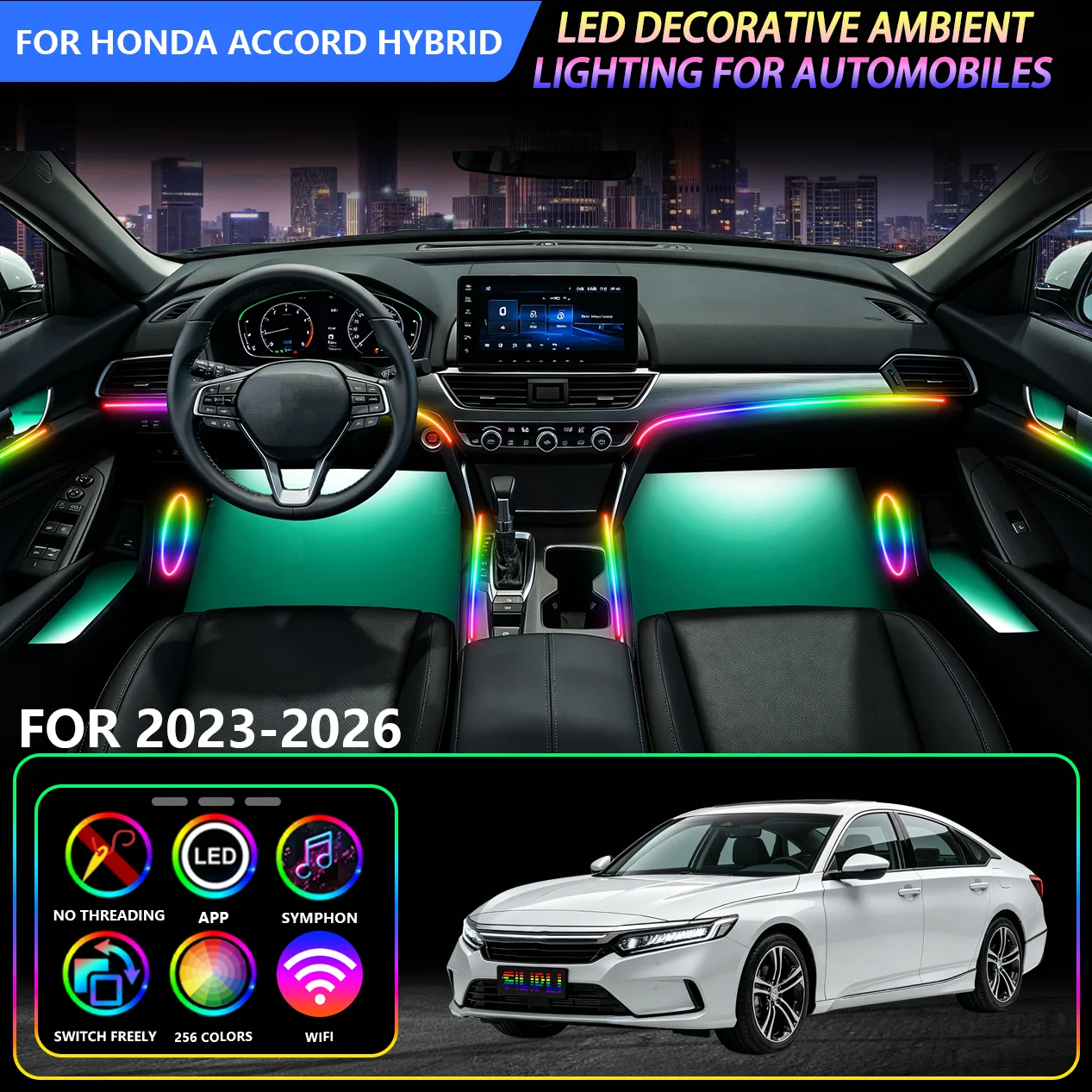 Fit For Honda Accord Hybrid  2023-2026 Models, 18 in 1 Dreamcolor Car Interior LED Ambient Lighting, Acrylic Rainbow Dynamic Atmosphere Light, Auto Interior Decor Strip Lamp