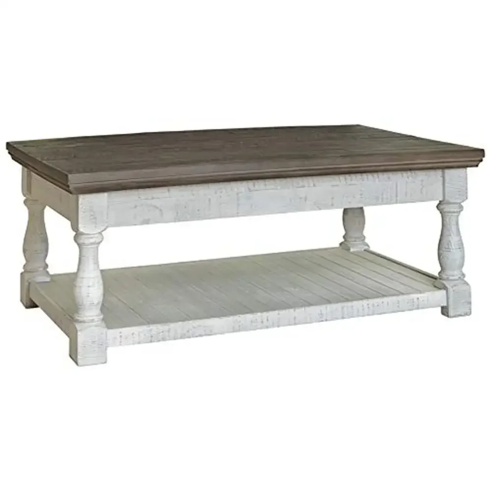 Farmhouse Lift Top Coffee Table with Hidden Storage Trays Gray & White Weathered Finish Distressed Design Solid Pine Frame