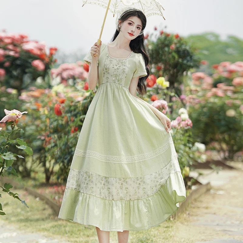 French Style Medieval Cottage Woman Dress Summer Vintage Prairie Colony  Green Countryside Floral Lawn Dresses Costume Halloween - AliExpress  200000345