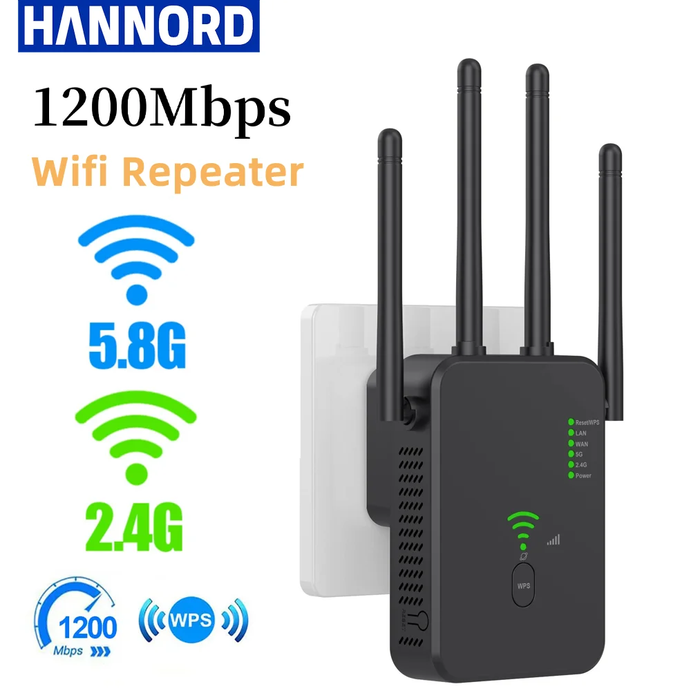 Hannord 와이파이 리피터 듀얼 밴드 2.4G 및 5GHz 와이파이 증폭기, WPS 라우터 신호 부스트, 홈 오피스용 어댑터, AC1200, 1200Mbps