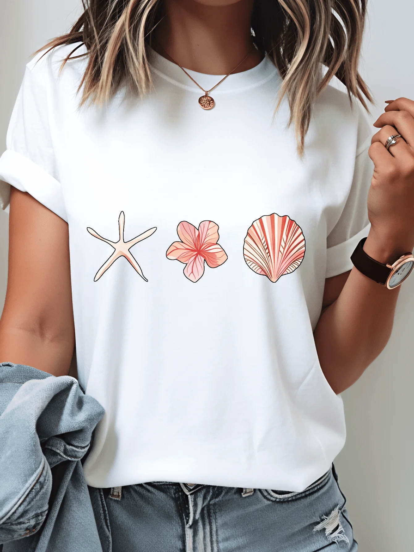 Women's Beach Starfish and Shell Print T-Shirt, Minimalist Ocean Pattern T-Shirt, Soft and Comfortable, Machine Washable, Summer and Vacation Casual Top