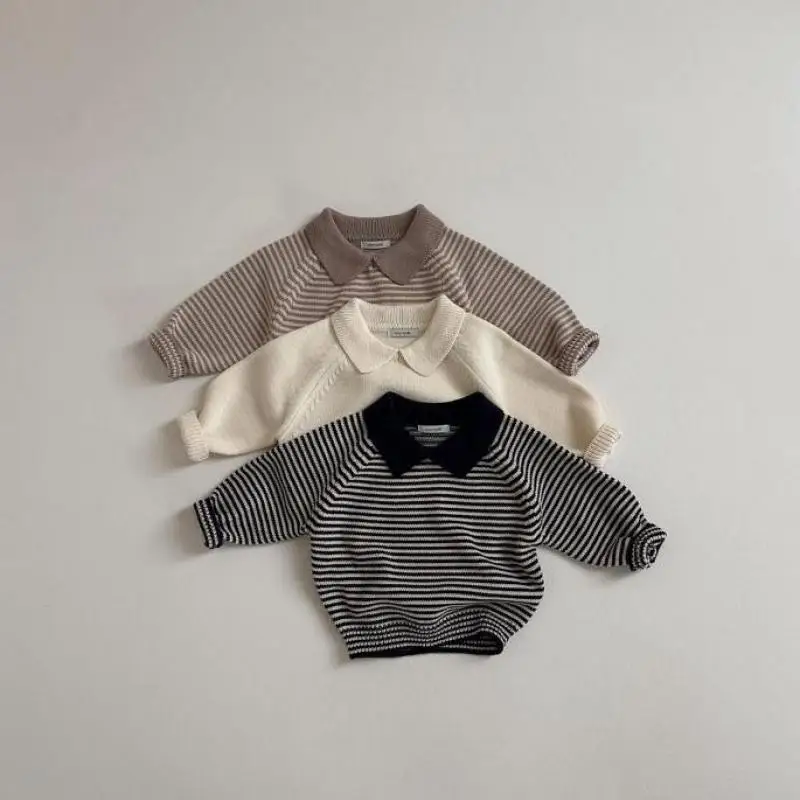 2024 Autumn New Children Sweater Girls Lapel Versatile Knitted Sweatshirt Boys Casual Striped Pullover Knitwear Kids Polo Shirts