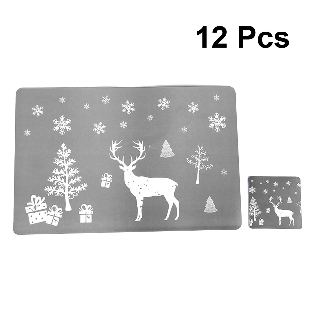 

12Pcs PVC Dining Mats Set Christmas Themed Placemats Cup Mats for Table Protection Decorative Tableware Accessory