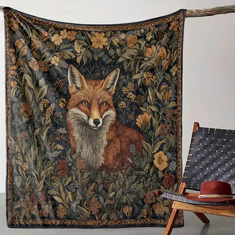 

Vintage Fox in Floral Thicket Throw Blanket - Rustic Wildlife-Themed Soft Blanket for Cozy Cottage Home Decor